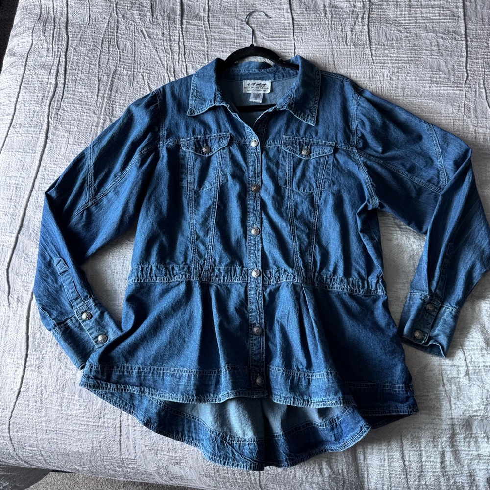 Denim jacket shirt cinched waist ruffle back button up western country festival